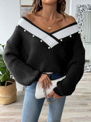 Contrast Trim Dropped Shoulder Long Sleeve Sweater - Trendsi