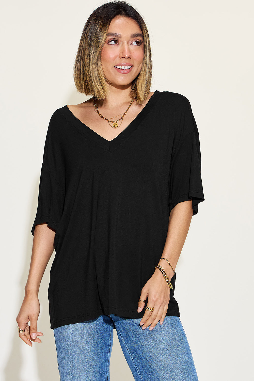 Basic Bae Full Size Bamboo V-Neck Drop Shoulder T-Shirt Trendsi