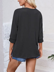 Textured Round Neck Three-Quarter Sleeve Blouse - Trendsi