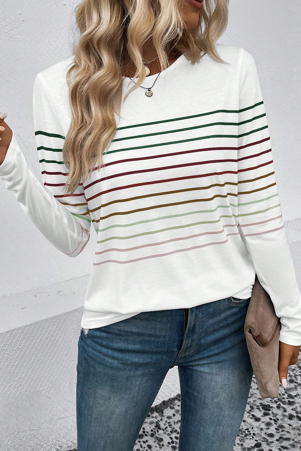 Striped Round Neck Long Sleeve T-Shirt - Flyclothing LLC