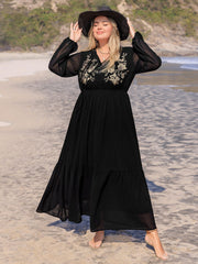 Plus Size Embroidered Tie Neck Long Sleeve Dress - Trendsi