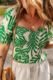 Smocked Printed Short Sleeve Blouse - Flyclothing LLC