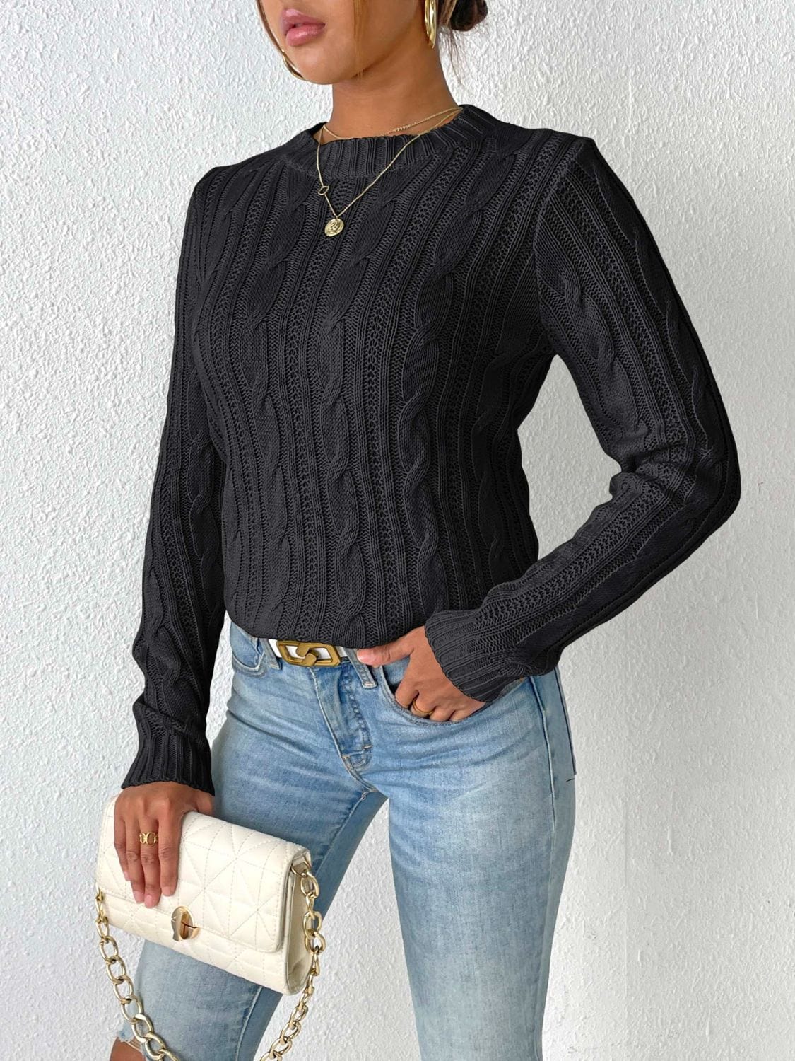 Cable-Knit Round Neck Sweater - Trendsi