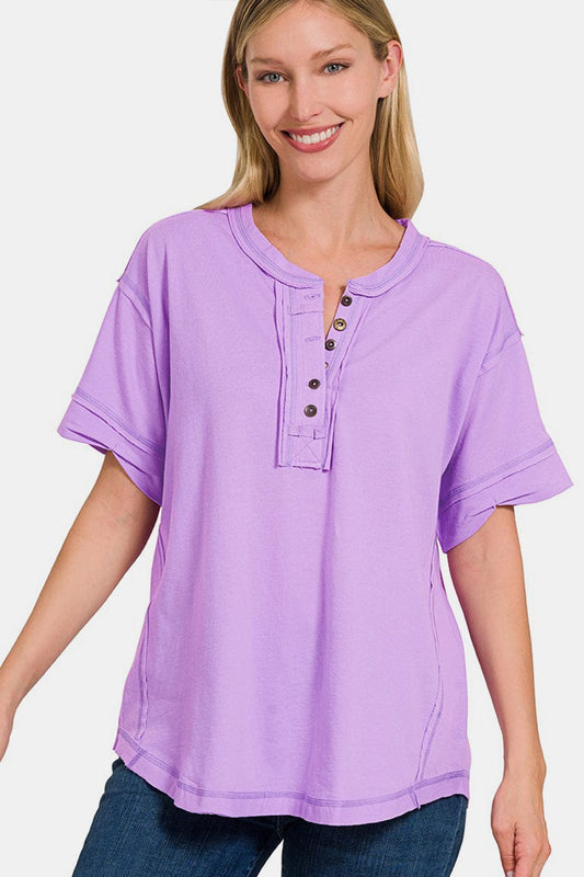 Zenana Exposed Seam Half Button Short Sleeve Top - Flyclothing LLC