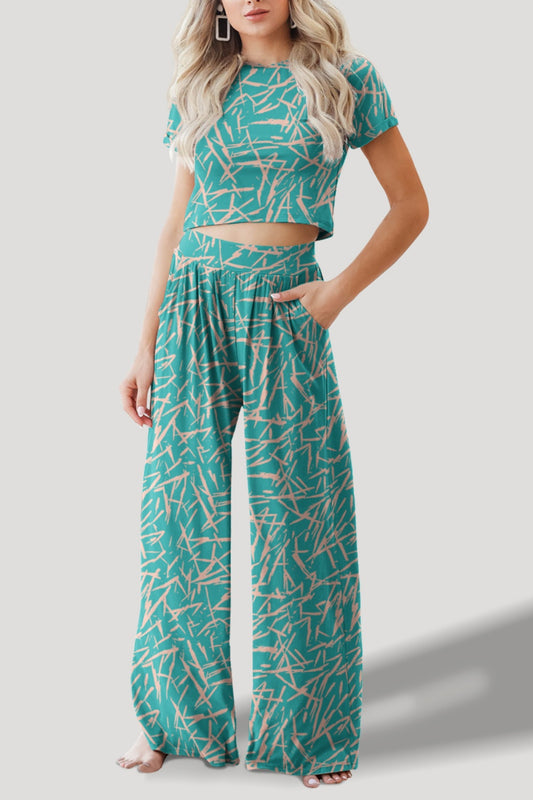 Printed Round Neck Short Sleeve Top and Pants Set Trendsi