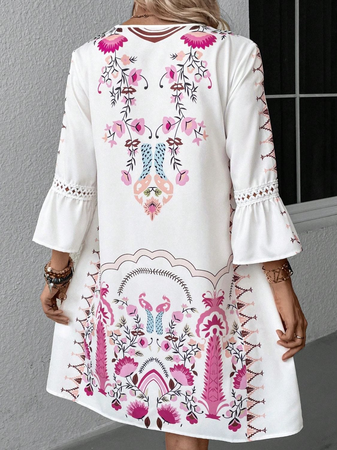 Lace Detail Printed Three-Quarter Sleeve Dress - Trendsi