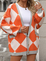 Checkered Dropped Shoulder Long Sleeve Cardigan - Trendsi