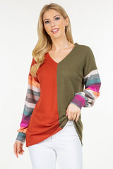 Celeste Full Size Contrast Striped V-Neck Long Sleeve Blouse - Trendsi