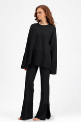 Basic Bae Slit Round Neck Long Sleeve Top and Drawstring Pants Sweater Set - Trendsi