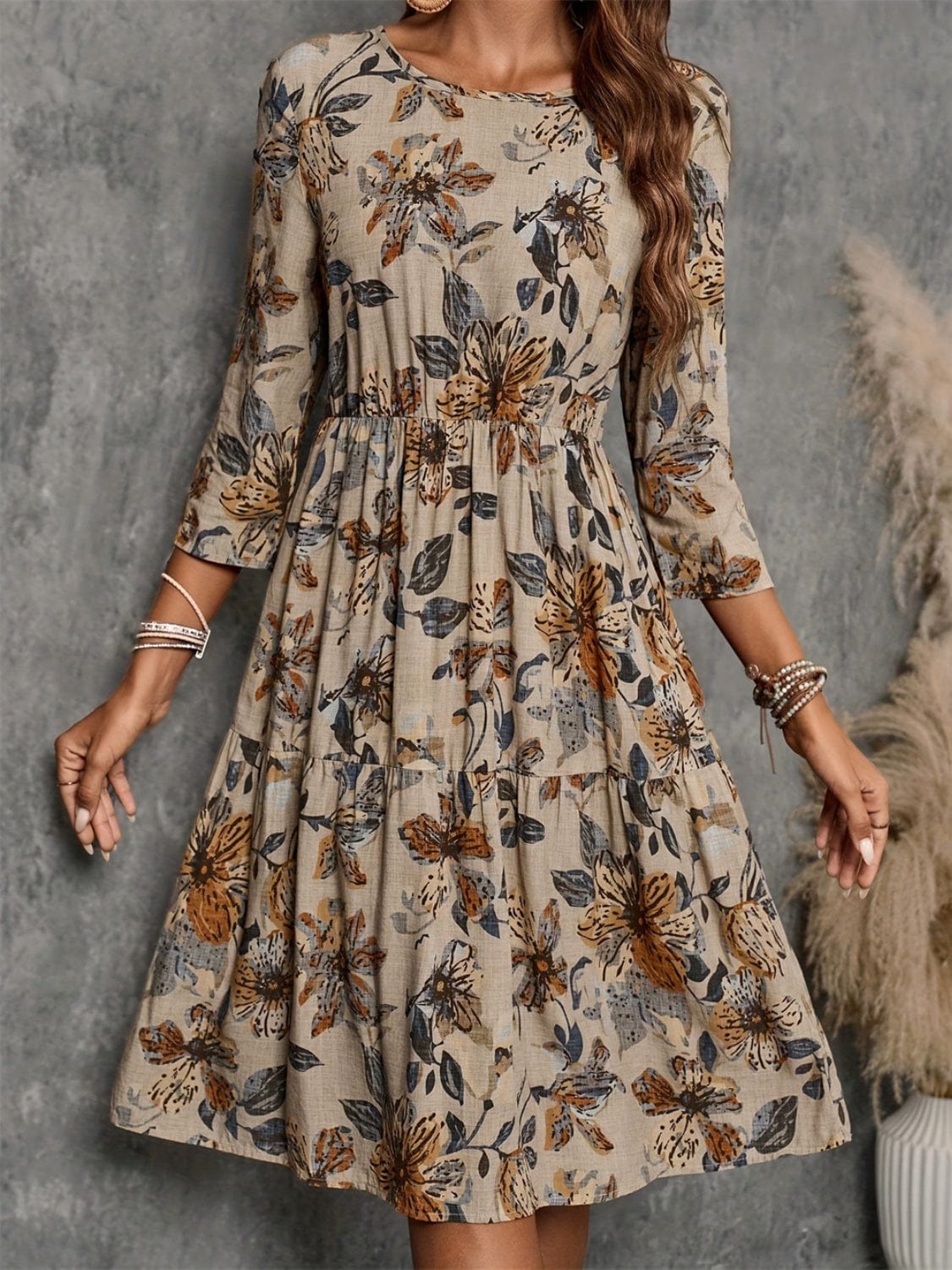 Printed Round Neck Three-Quarter Sleeve Dress - Trendsi