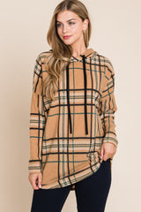 BOMBOM Drawstring Plaid Long Sleeve Hoodie - Trendsi