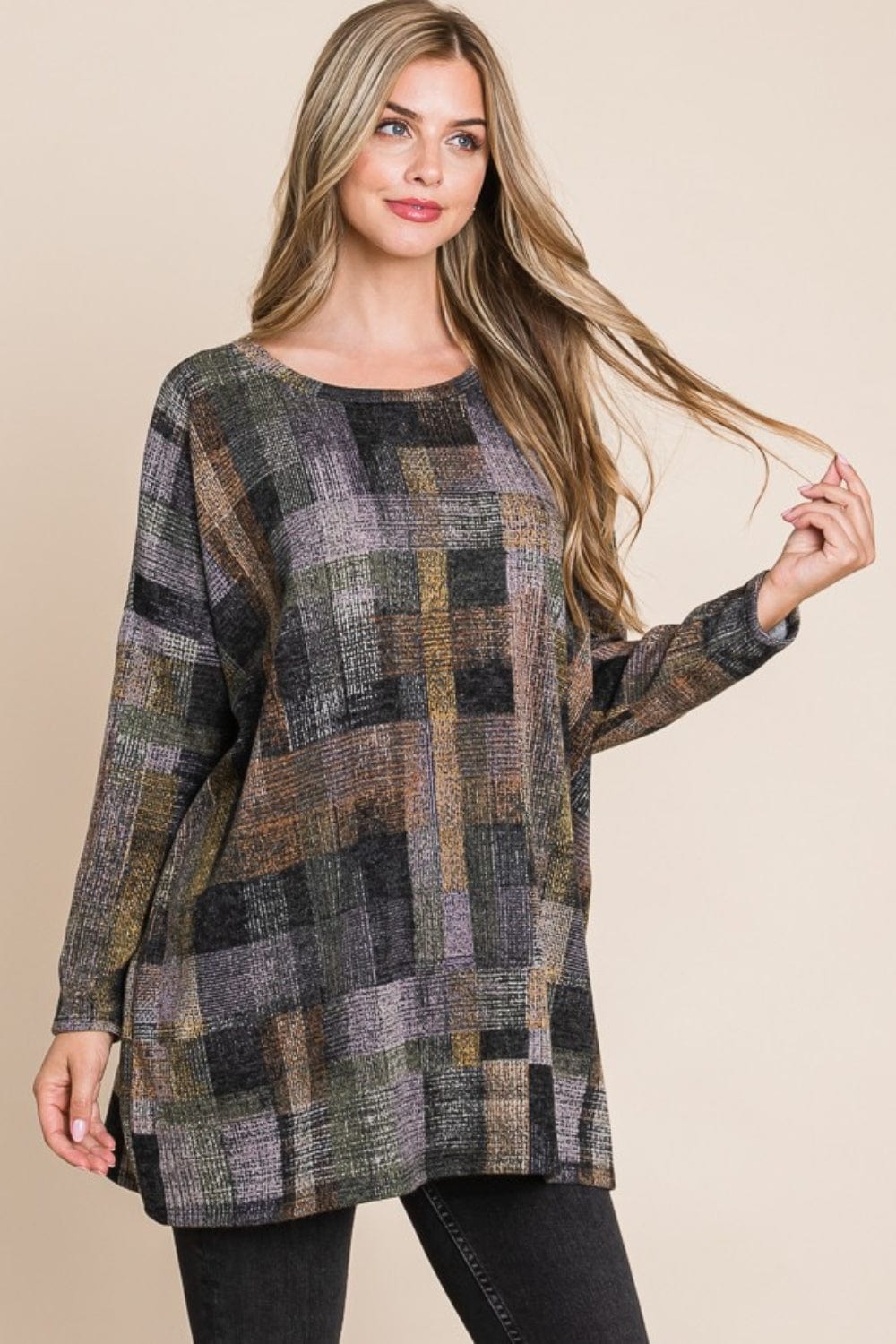 BOMBOM Plaid Round Neck Long Sleeve Top - Trendsi