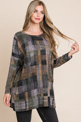 BOMBOM Plaid Round Neck Long Sleeve Top - Trendsi