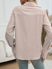 Devine Pocketed Striped Collared Neck Long Sleeve Shirt