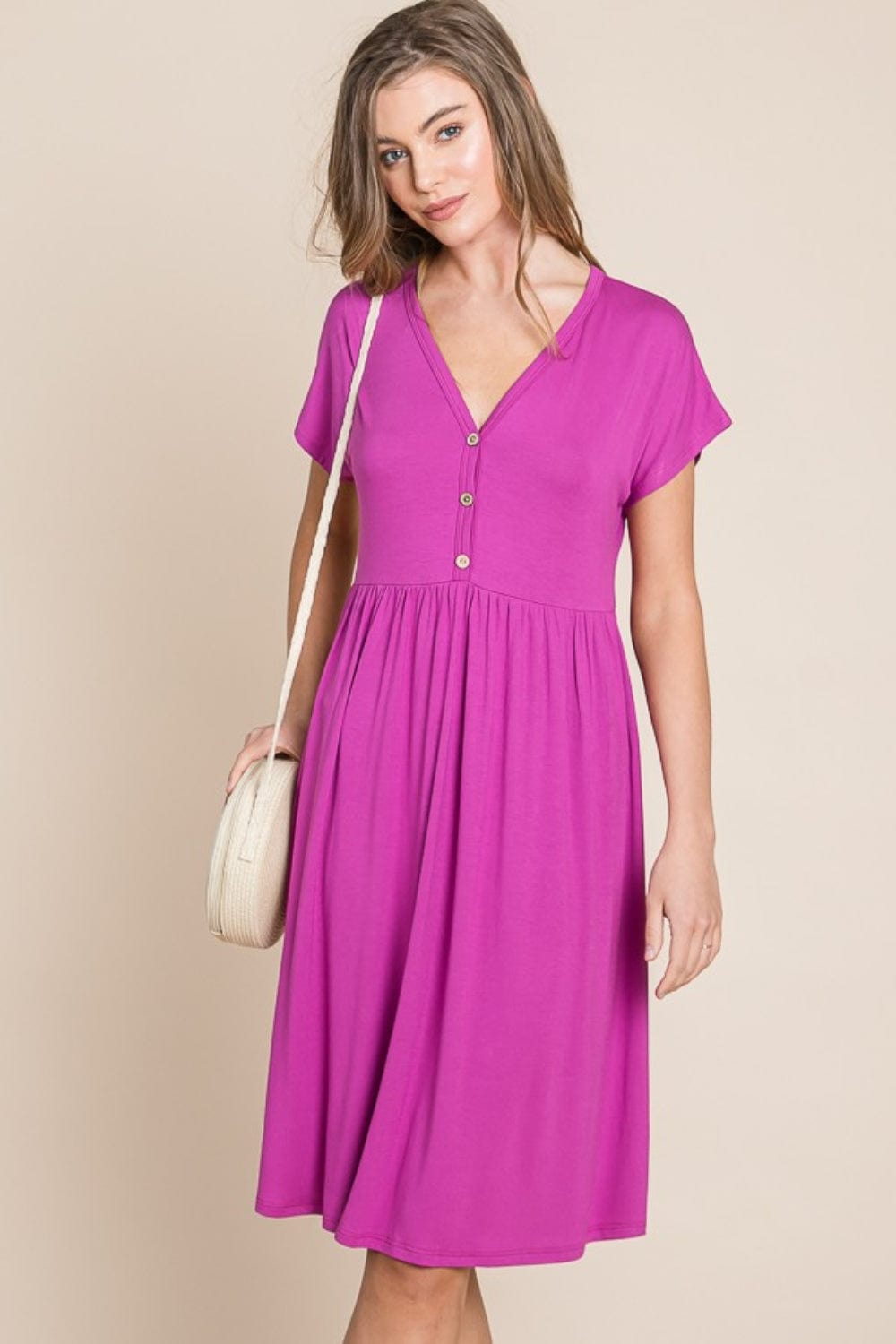 BOMBOM V-Neck Short Sleeve Dress - Trendsi