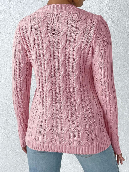 Cable-Knit Heart Round Neck Long Sleeve Sweater - Trendsi