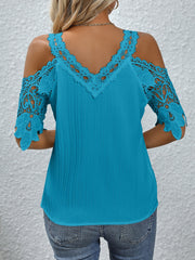 Lace Detail V-Neck Cold Shoulder Blouse Trendsi