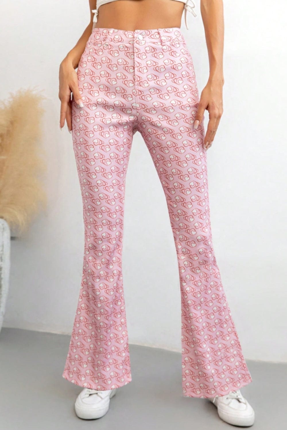 Printed High Waist Flare Pants with Pockets - Trendsi