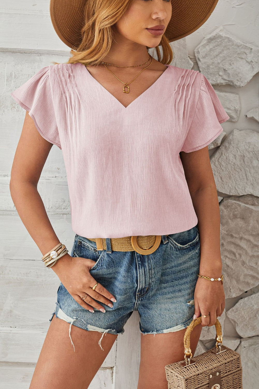 Ruched V-Neck Flounce Sleeve Blouse Trendsi