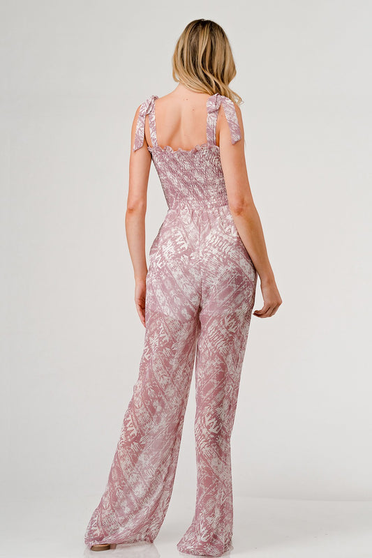 GeeGee Printed Tie Shoulder Wide Leg Jumpsuit Trendsi