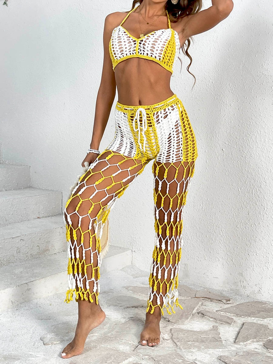 Cutout Halter Neck Top and Pants Two-Piece Swim Set - Flyclothing LLC