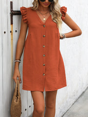 Button Up V-Neck Cap Sleeve Mini Dress Trendsi