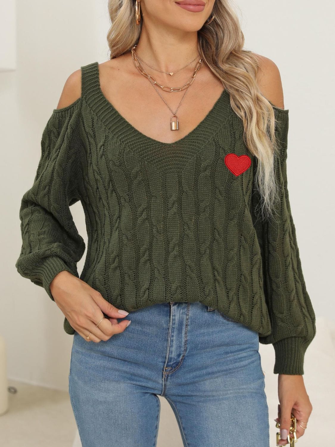 Cable-Knit Heart V-Neck Sweater - Trendsi