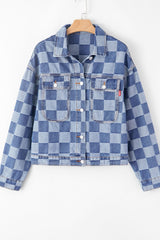 Checkered Button Up Denim Jacket - Trendsi