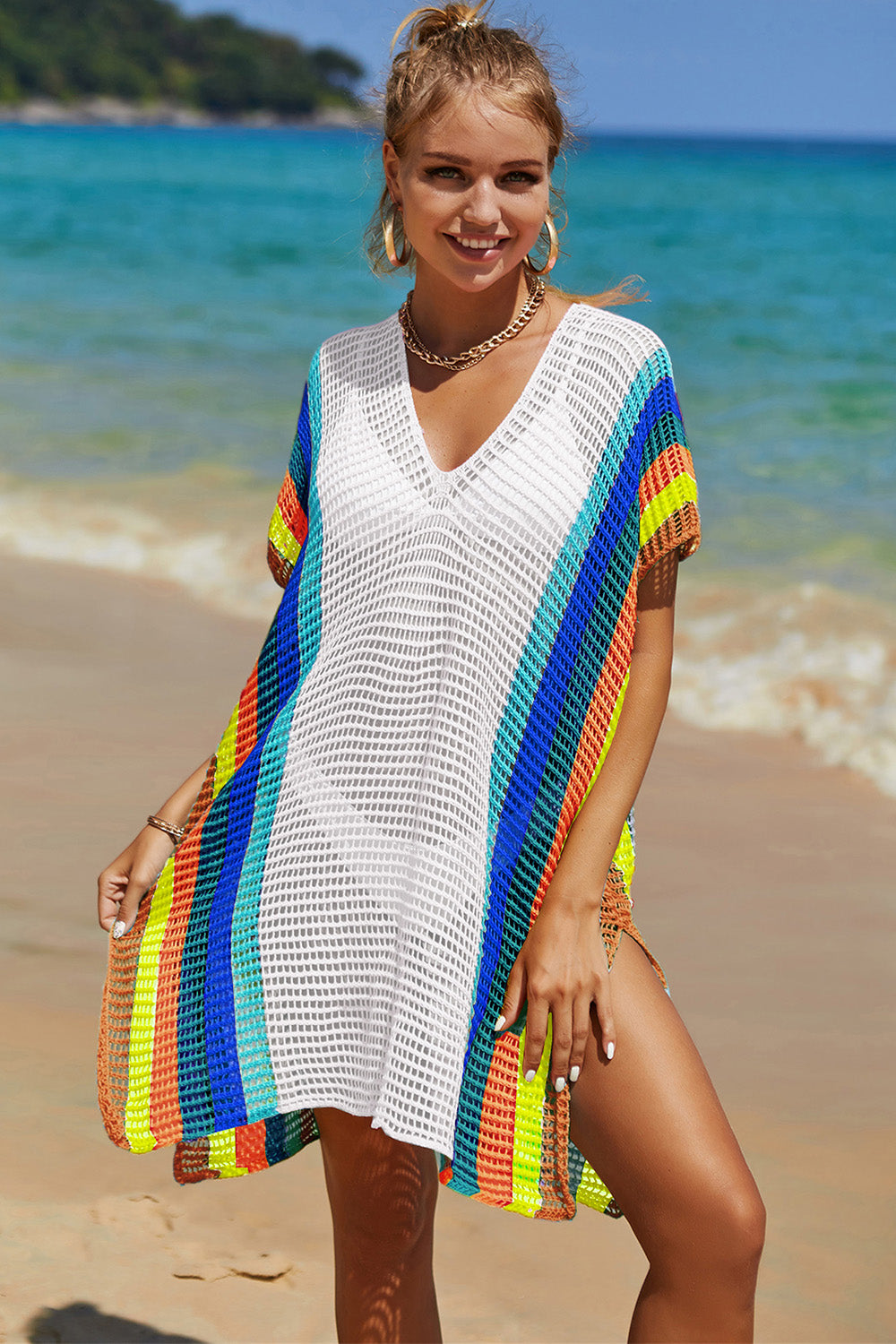 Double Take Openwork Striped Slit Knit Cover Up - Flyclothing LLC