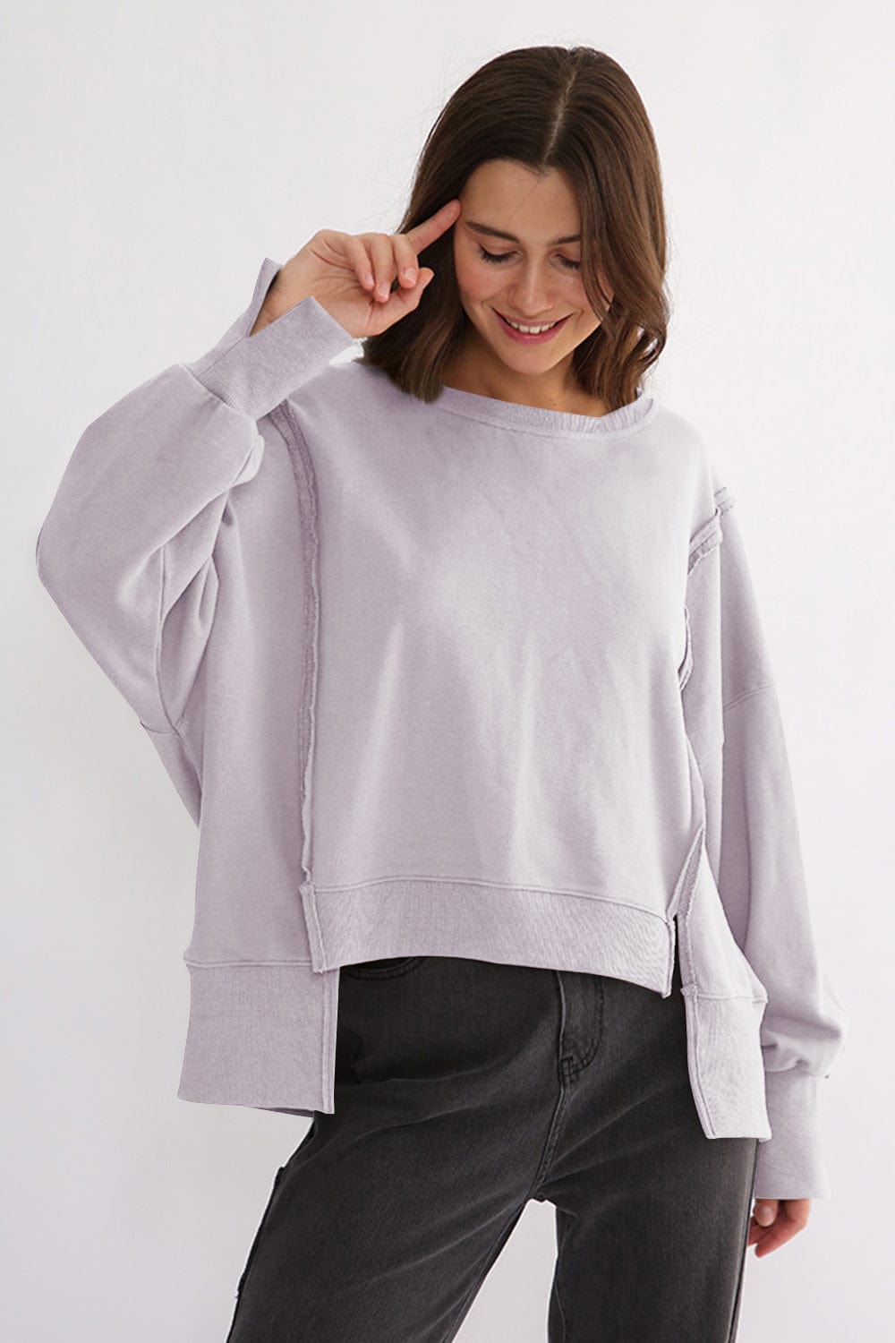 Exposed Seam High-Low Long Sleeve Sweatshirt - Trendsi