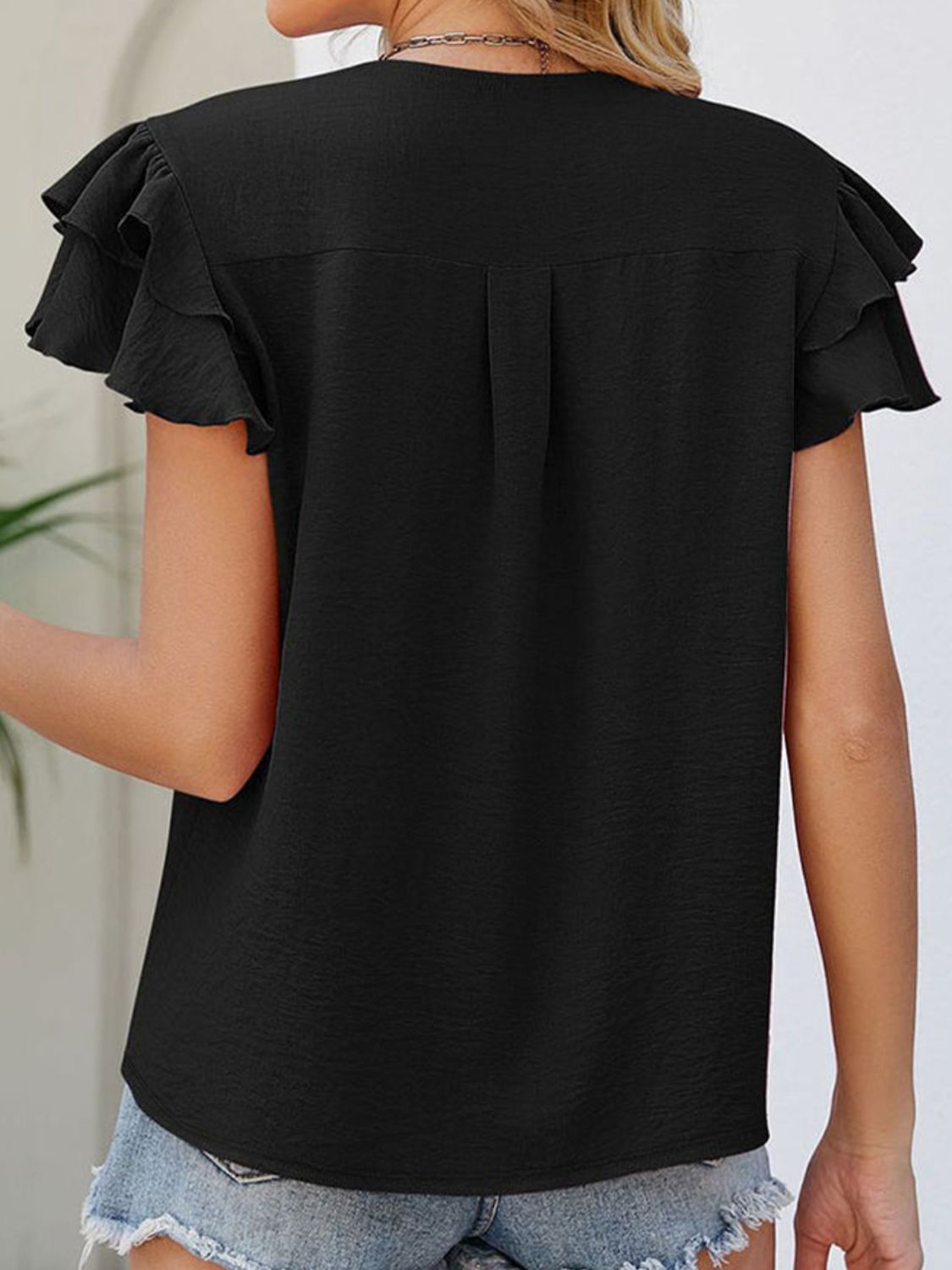 Ruffled V-Neck Cap Sleeve Blouse - Flyclothing LLC