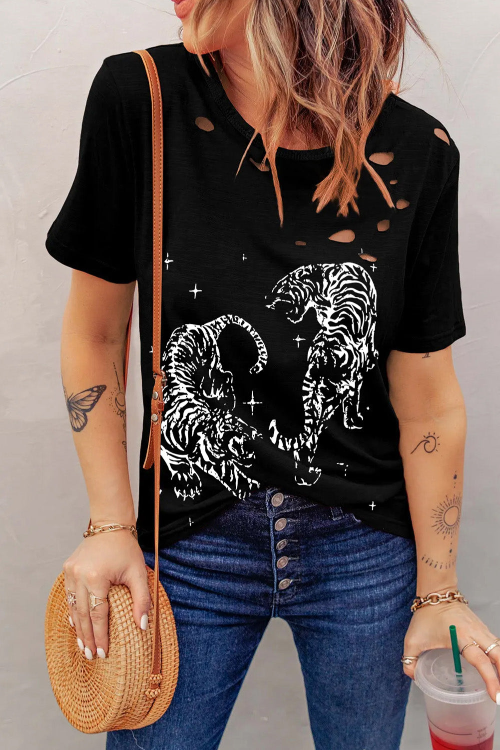 Cutout Graphic Round Neck Short Sleeve T-Shirt Trendsi