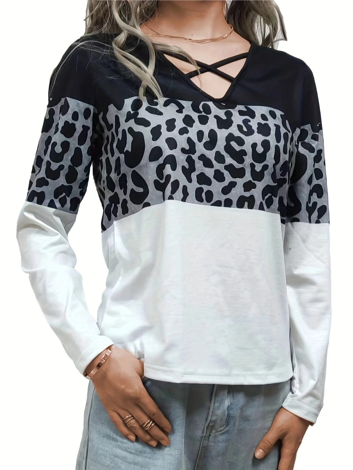 Crisscross Color Block Long Sleeve T-Shirt - Trendsi