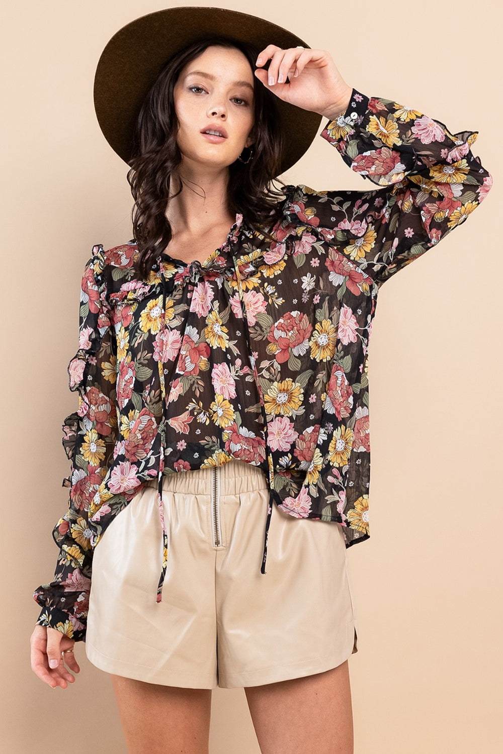 Ces Femme Ruffle Trim Long Sleeve Floral Blouse - Flyclothing LLC