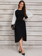 Ruched Contrast Long Sleeve Midi Dress