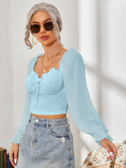 Mesh Sweetheart Neck Flounce Sleeve Top - Trendsi