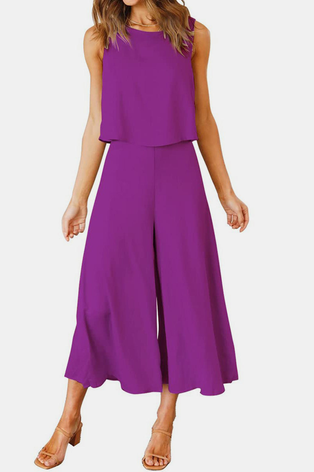 Round Neck Top and Wide Leg Pants Set Trendsi