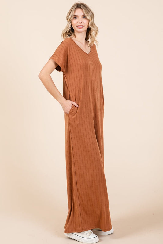 BOMBOM Ribbed Short Sleeve Wide Leg Jumpsuit - Trendsi