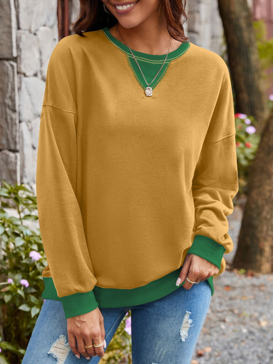 Contrast Round Neck Long Sleeve Sweatshirt - Trendsi