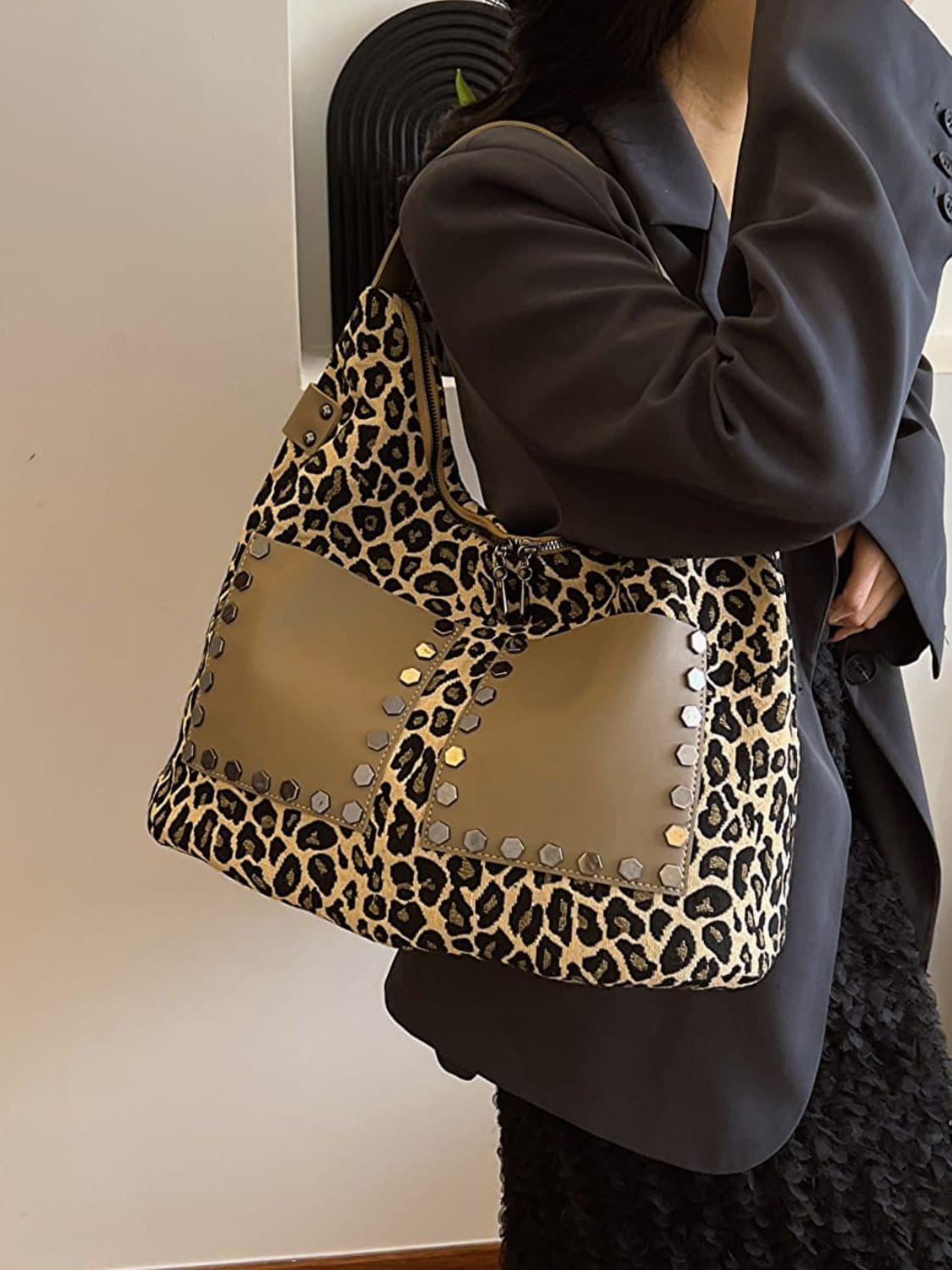 Leopard Polyester Shoulder Bag with Zippers - Trendsi