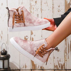 Lace-Up Round Toe Canvas Boots with Side Zip - Trendsi