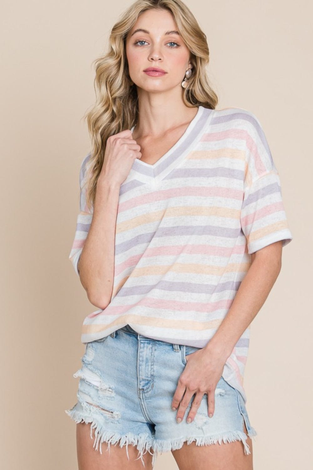 BOMBOM Striped V-Neck Short Sleeve T-Shirt - Trendsi