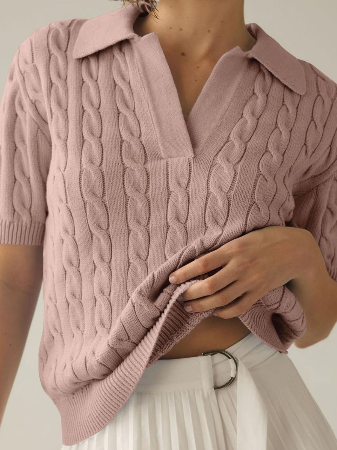 Cable-Knit Collared Neck Half Sleeve Sweater - Trendsi