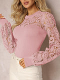 Lace Round Neck Long Sleeve T-Shirt - Trendsi