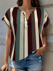 Striped Notched Short Sleeve Blouse - Flyclothing LLC