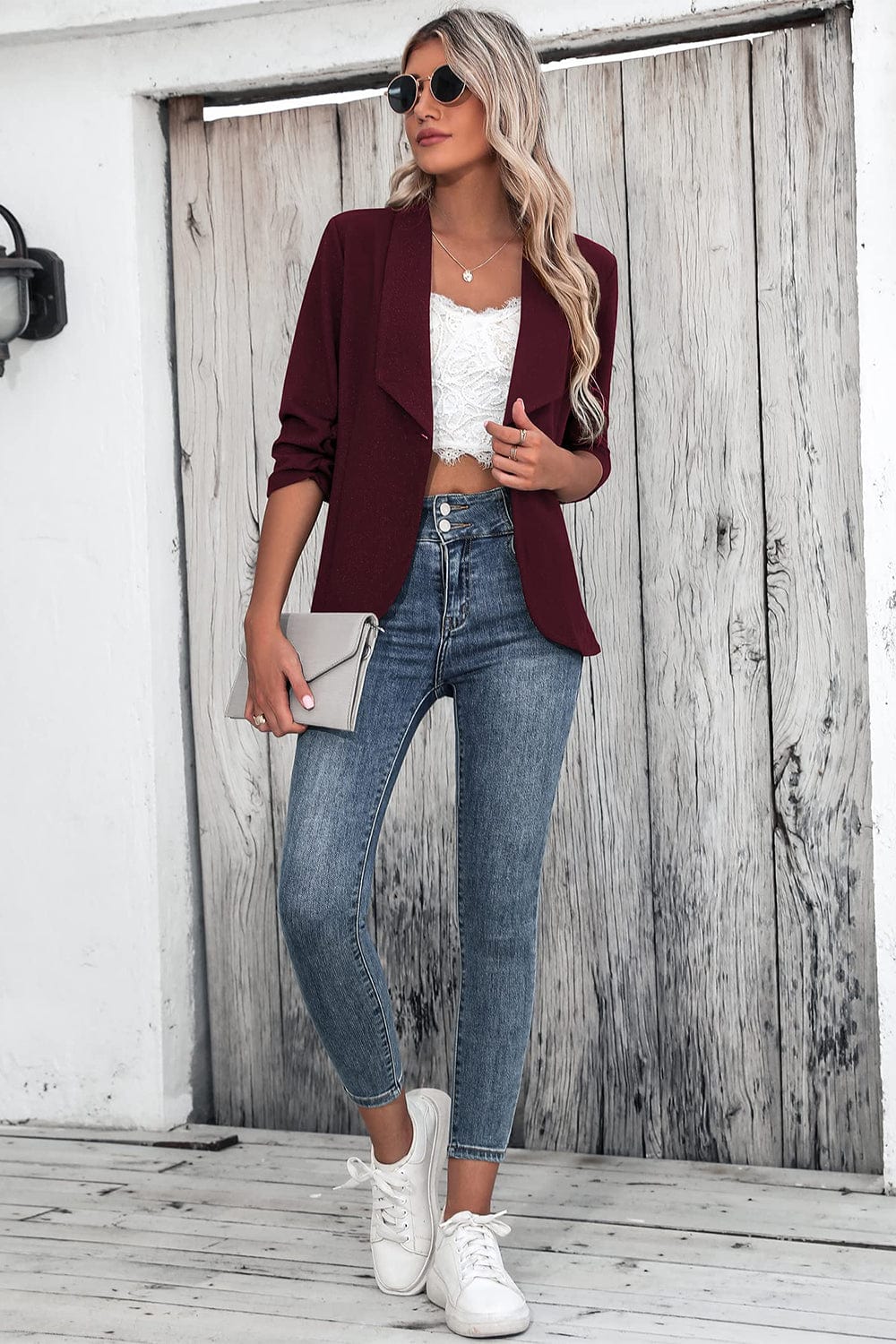 One Button Collared Neck Ruched Sleeve Blazer - Trendsi