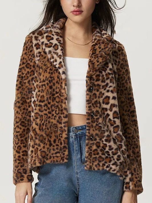 Fuzzy Leopard Collared Neck Jacket - Trendsi