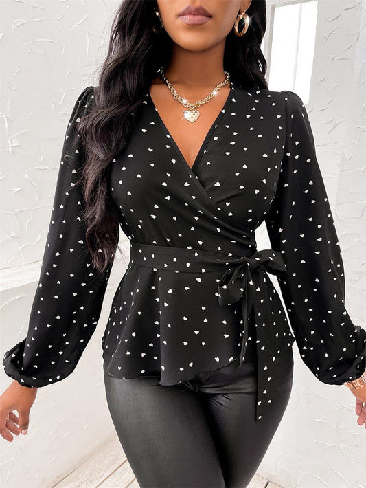 Heart Print Surplice Balloon Sleeve Blouse - Trendsi