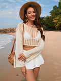 Openwork Boat Neck Long Sleeve Cover-Up - Flyclothing LLC