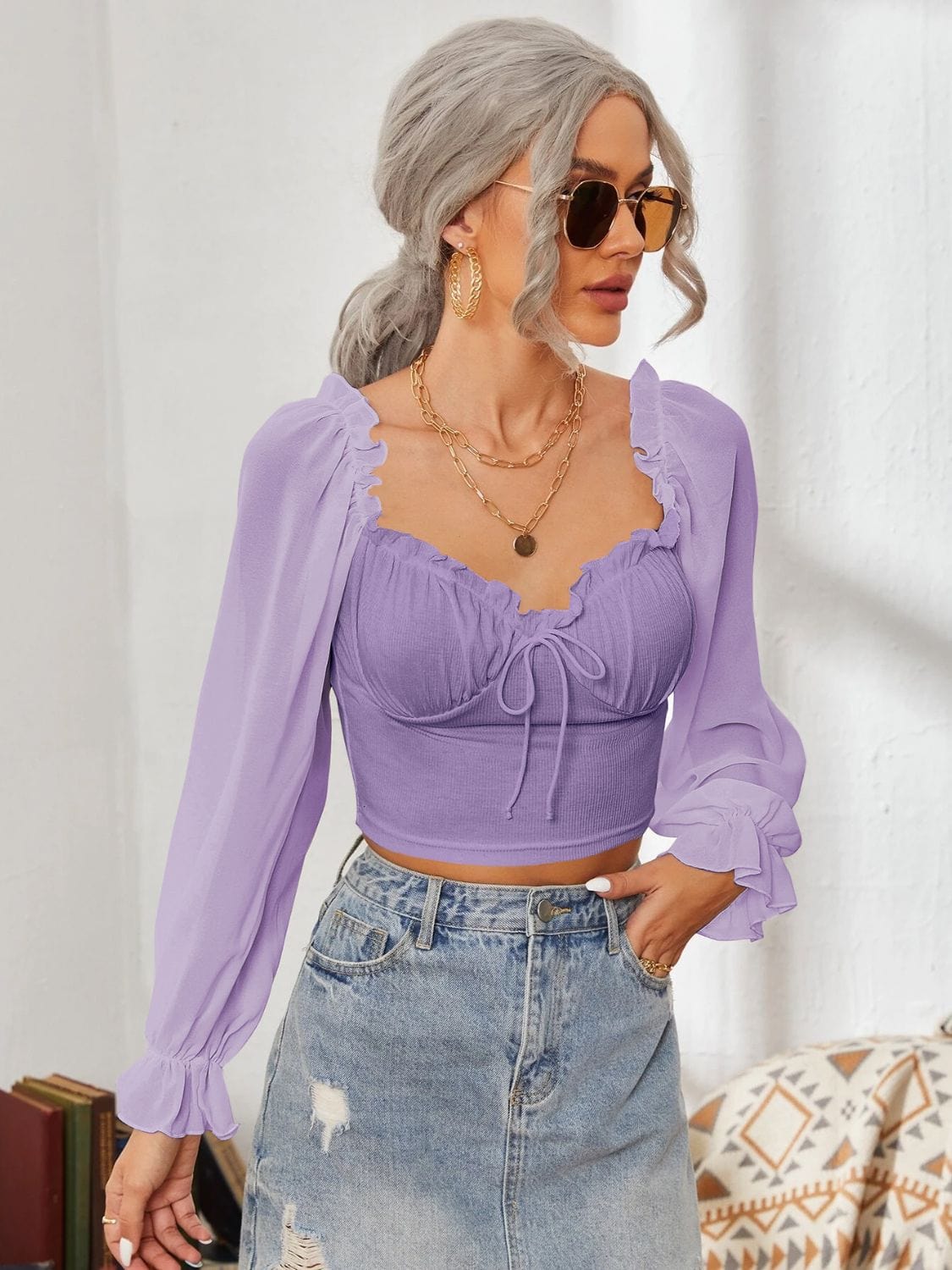 Mesh Sweetheart Neck Flounce Sleeve Top - Trendsi